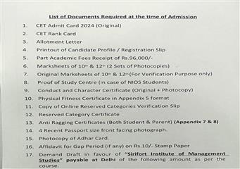 Documents Required at the time of Reporting for admission.